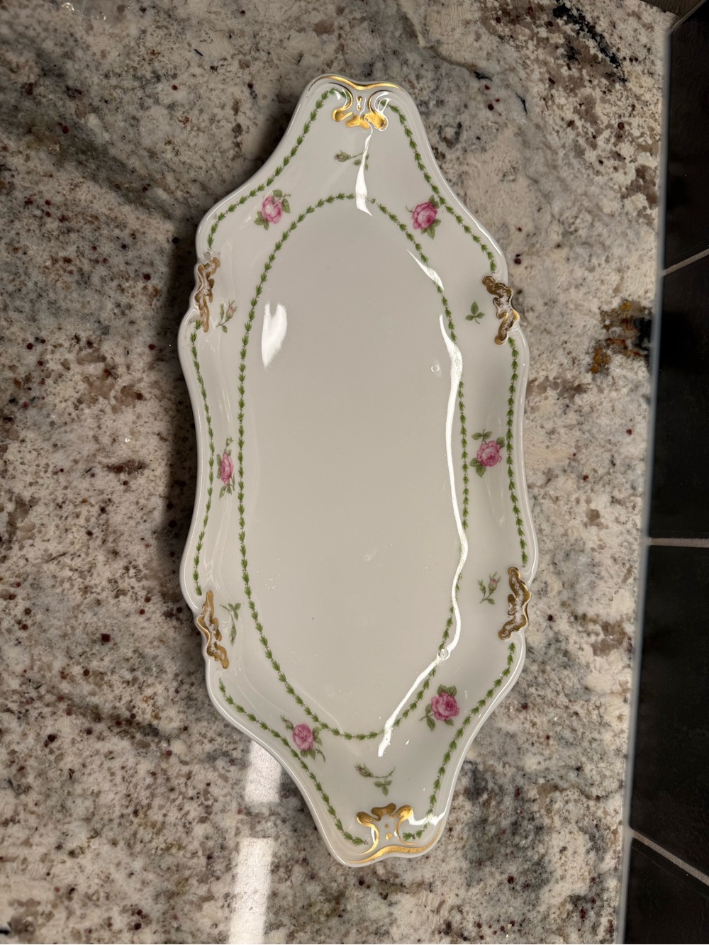Antique White Porcelain vanity Tray with Pink Rose & Gold Accents